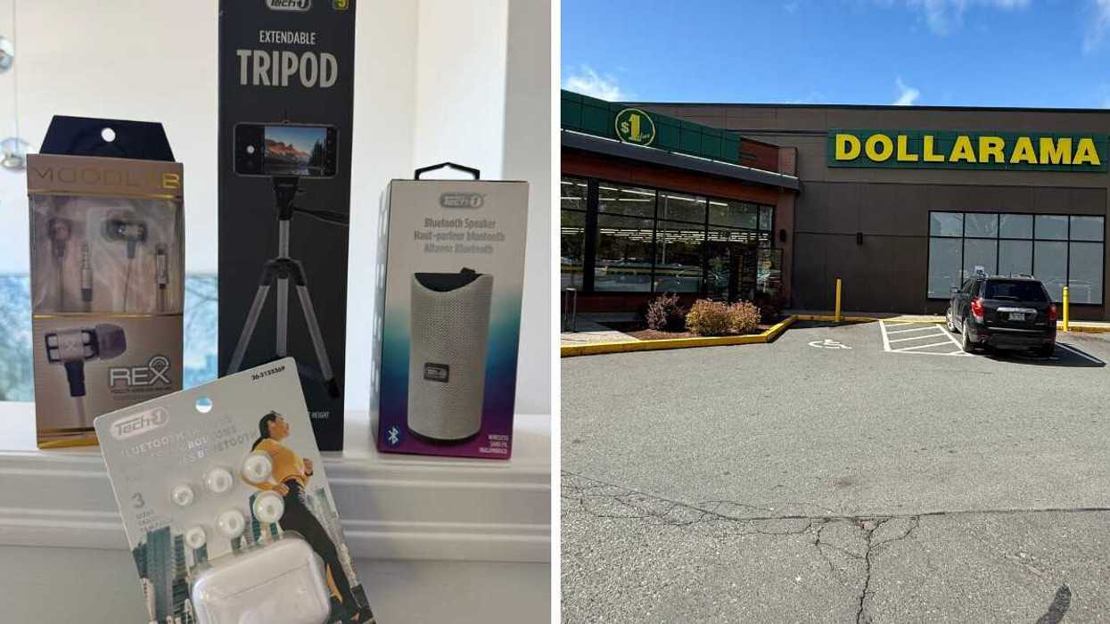Four products from Dollarama, including two headphones, a tripod and a bluetooth speaker. Right: An exterior shot of a store with a Dollarama sign.