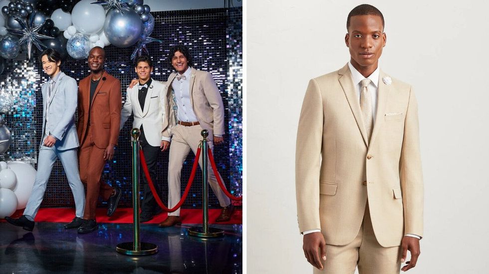 Four young men walking on a red carpet into prom wearing gray, brown, white and tan suits. Right: A young man models a TipTop suit in pale yellow with a white shirt.