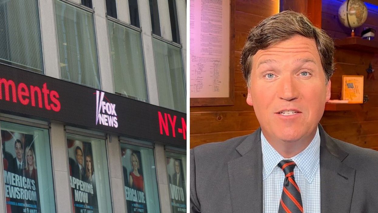 Fox News sign in New York. Right: Tucker Carlson.
