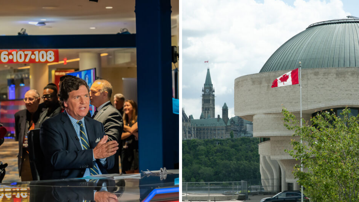 Fox News TV host Tucker Carlson. Right: The Canadian flag.