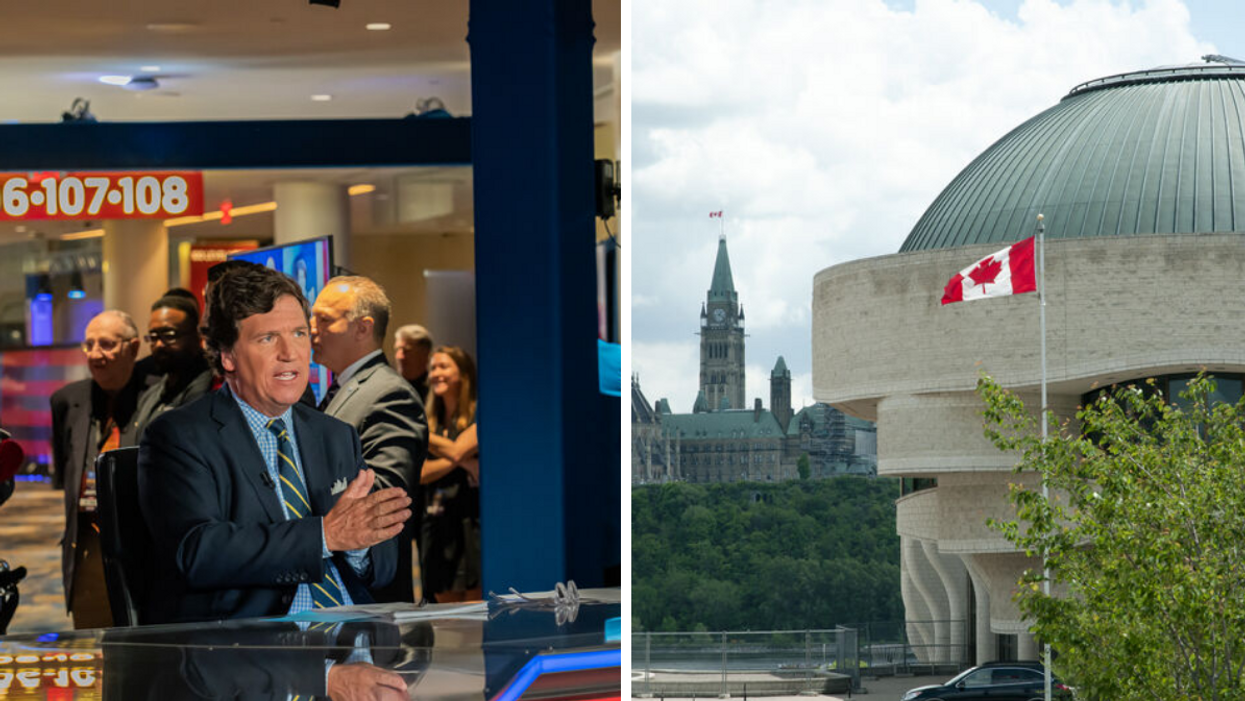 Fox News TV host Tucker Carlson. Right: The Canadian flag.