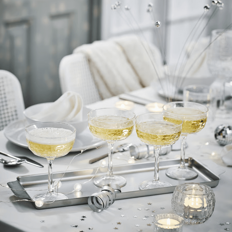 FR\u00d6JDA champagne coupe, clear glasses presented on a table.