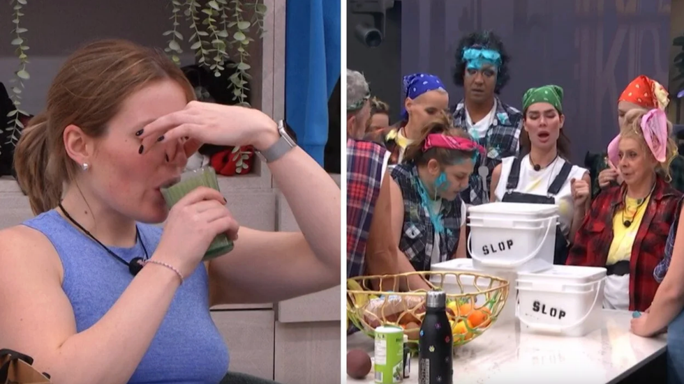 Fr\u00e9d\u00e9rique boit de la \u00ab slop \u00bb en se bouchant le nez. Droite : Les candidats de Big Brother C\u00e9l\u00e9brit\u00e9s autour de la \u00ab slop \u00bb, avec curiosit\u00e9.