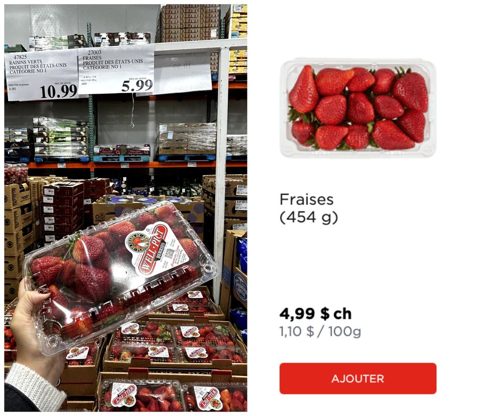 Fraises en vente au Costco. Droite : Fraises en vente au Maxi.