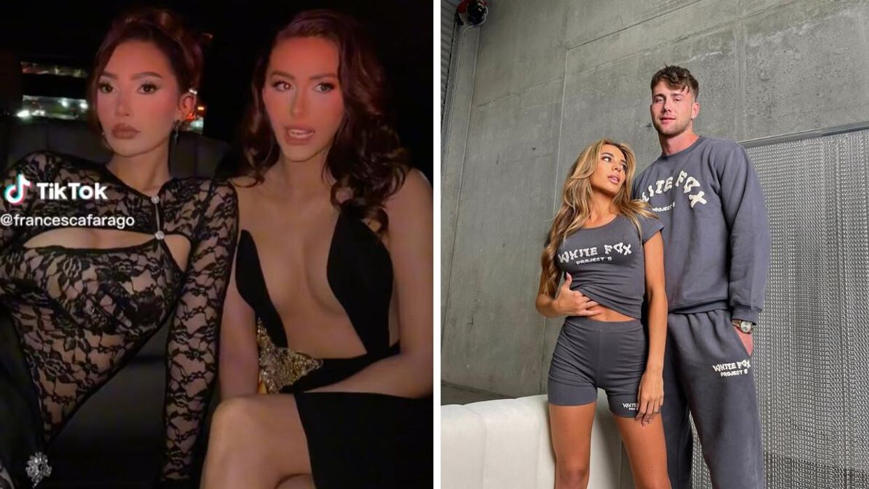 Francesca Farago and Chloe Veitch. Right: Georgia Hassarati and Harry Jowsey.