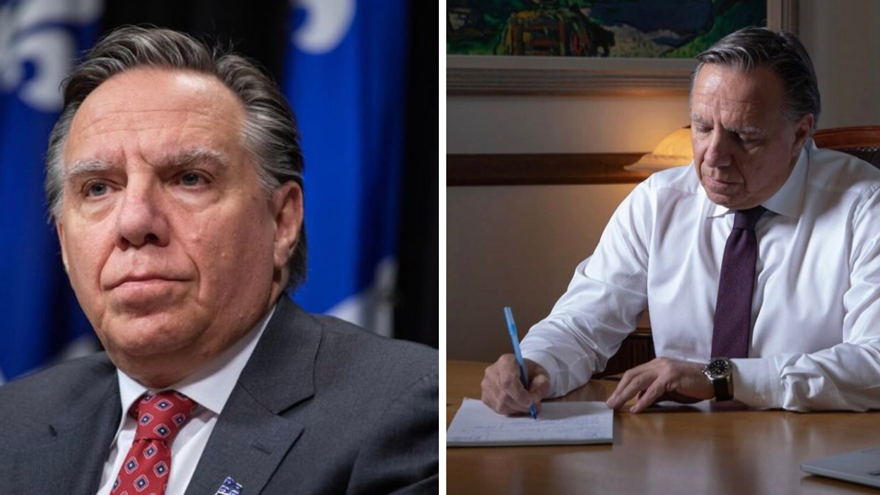François Legault. Droite : François Legault à son bureau.