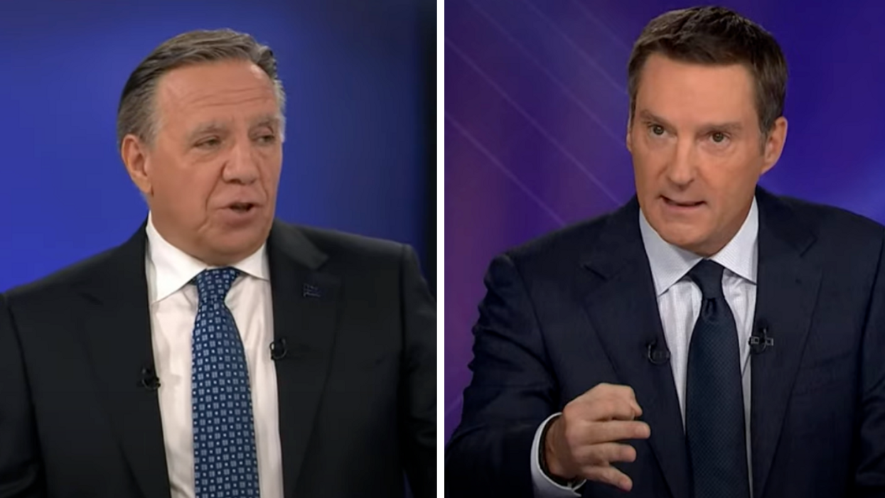 François Legault. Droite : Patrice Roy.
