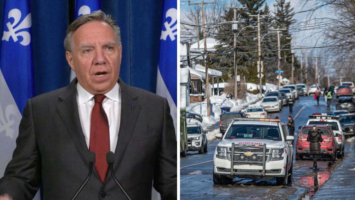 François Legault. Droite : Services d'urgence à Laval, février 2023.