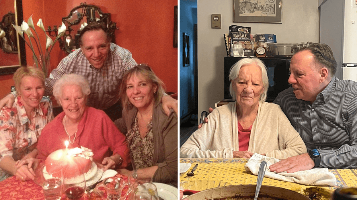 François Legault et sa famille. Droite : François Legault et sa mère.