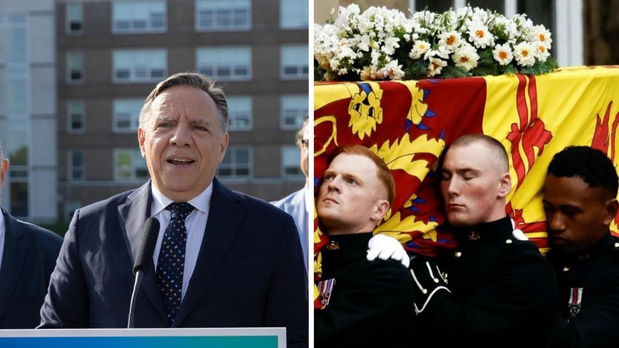 François Legault, septembre 2022. Droite : Hommes portant le cercueil de la reine Elizabeth II.