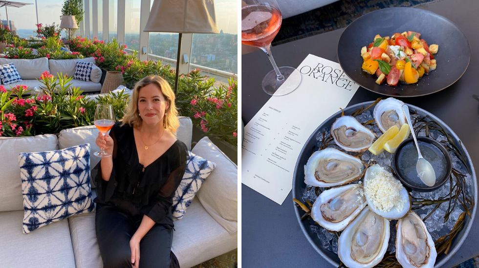 Francoise a la terrasse Rose Orange. Droite : Plateau d'huitres et tomates ancestrales.