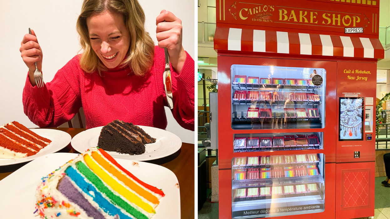 Françoise avec les trois gâteaux. Droite : Machine distributrice de gâteaux..