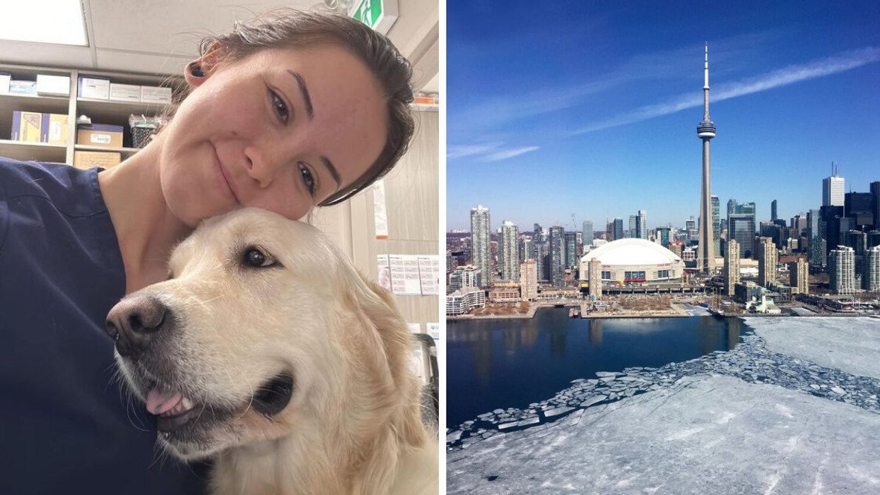 Frankie and a client. Right: The CN tower during winter.