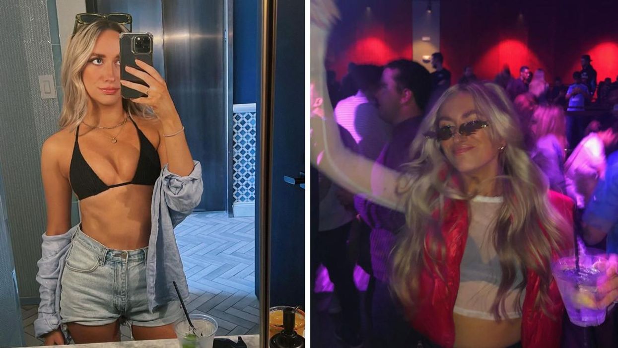 Fraser taking a mirror selfie in shorts and a black top. Right: Fraser in sunglasses at a club with a drink.