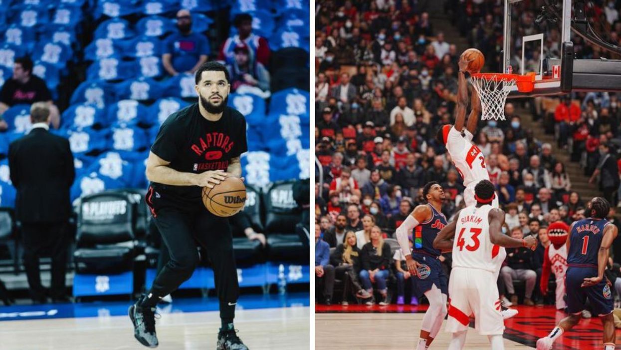 Fred VanVleet practicing at Scotiabank Arena. Right: The Raptors during Game 4.
