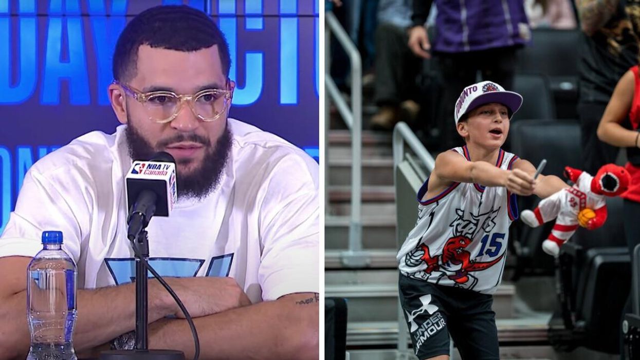 Fred VanVleet. Right: A young Raptors fan in Alberta