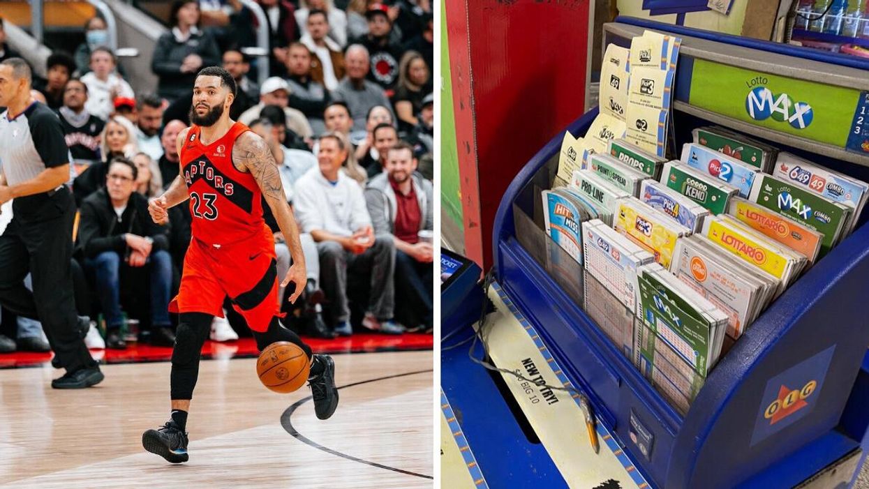 Fred VanVleet. Right: An OLG lottery booth.
