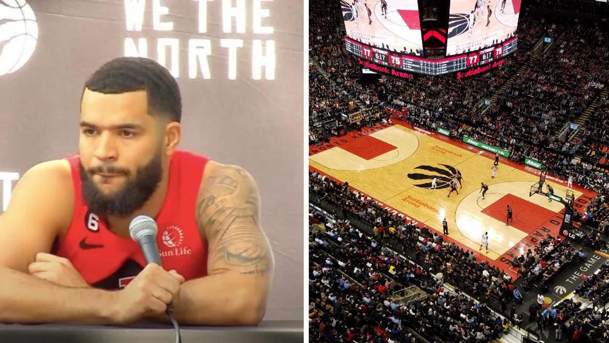 Fred VanVleet. Right: Scotiabank Arena during a Raptors game.