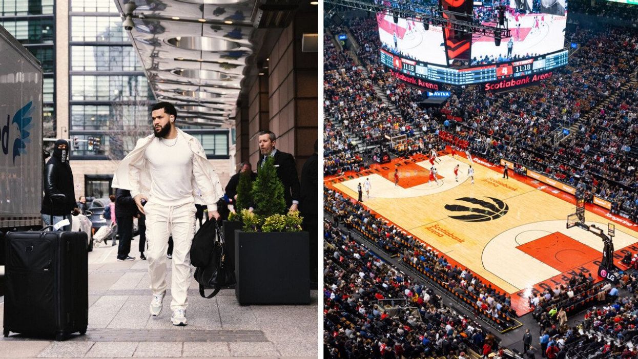 Fred VanVleet walking. Right: Scotiabank Arena