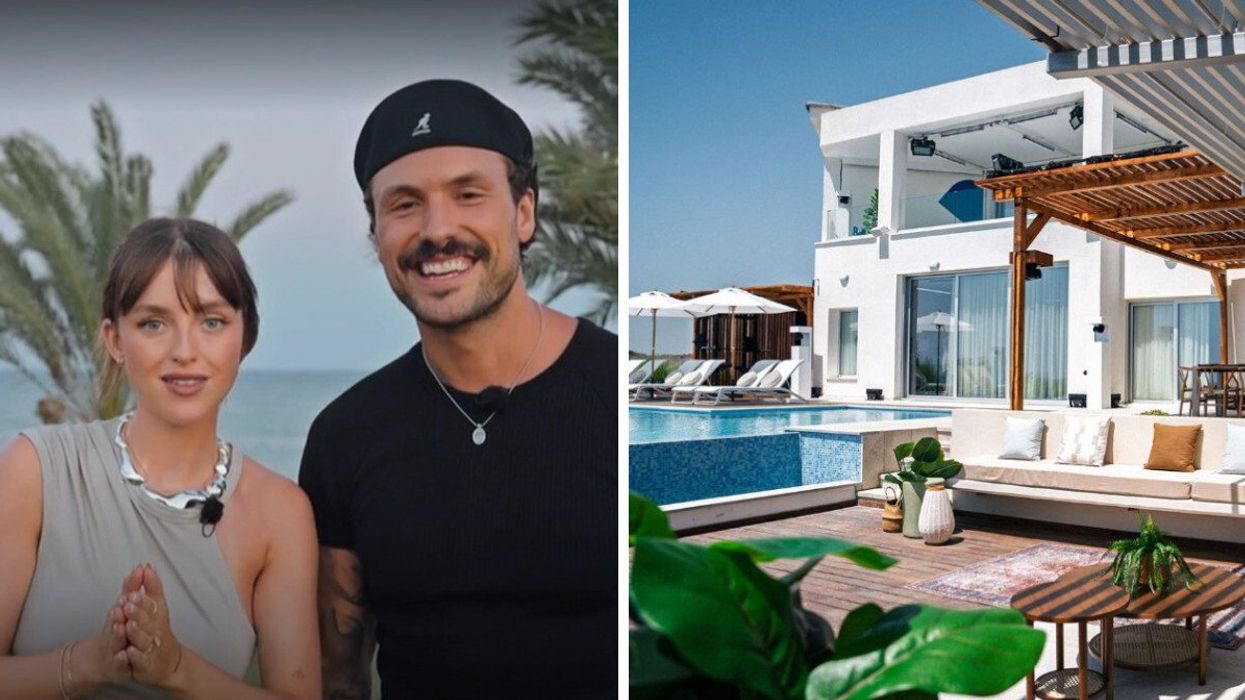 Frédérick Robichaud et Alicia Moffet, les animateurs d'OD Chypre. Droite : La terrasse de la maison des gars d'OD Chypre.