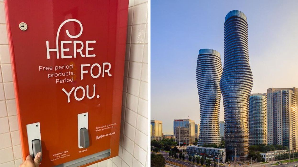 Free period product dispenser in Mississauga. Right: Towers in the City of Mississauga.