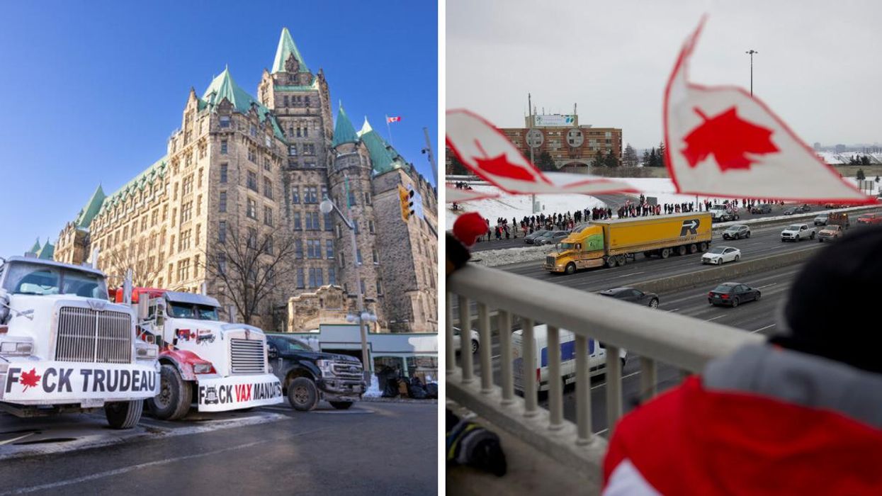 Freedom Convoy in Ottawa. Right: Freedom Convoy supporters on an overpass.