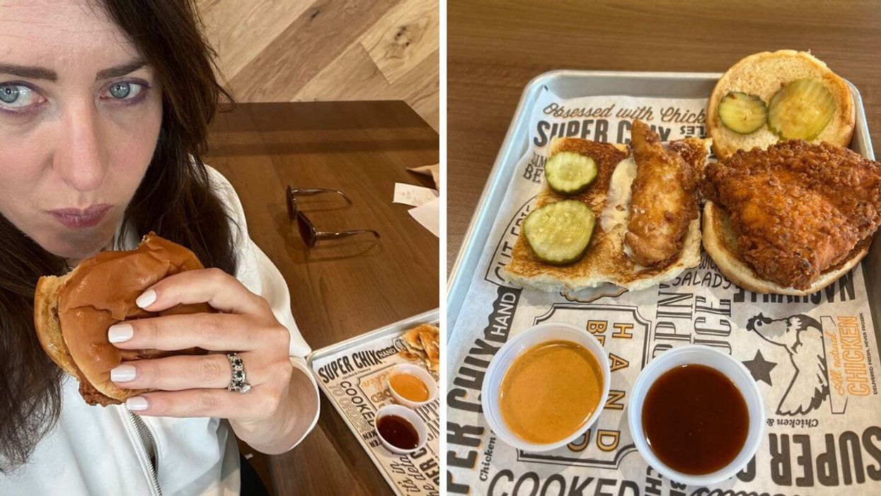 Freelance Writer Dana Shemesh holding a Super Chix sandwich. Right: A Super Chix chicken sandwich.