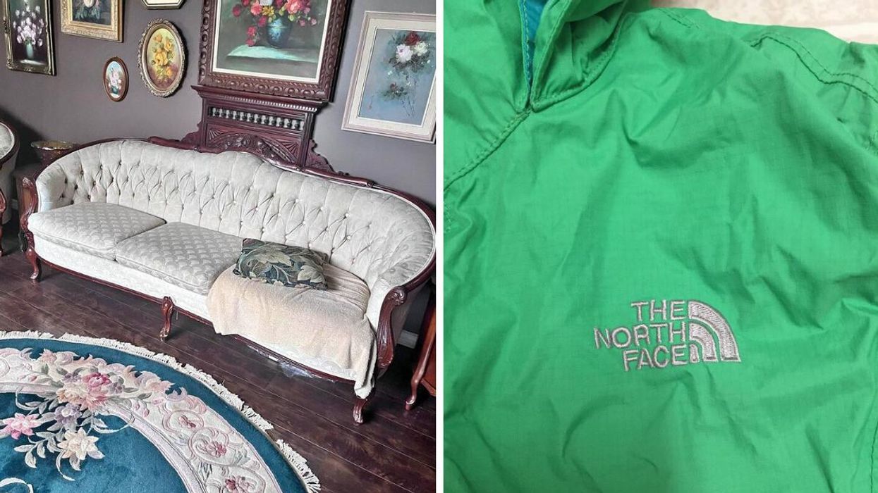 French coach with wood framing. Right: North Face jacket.
