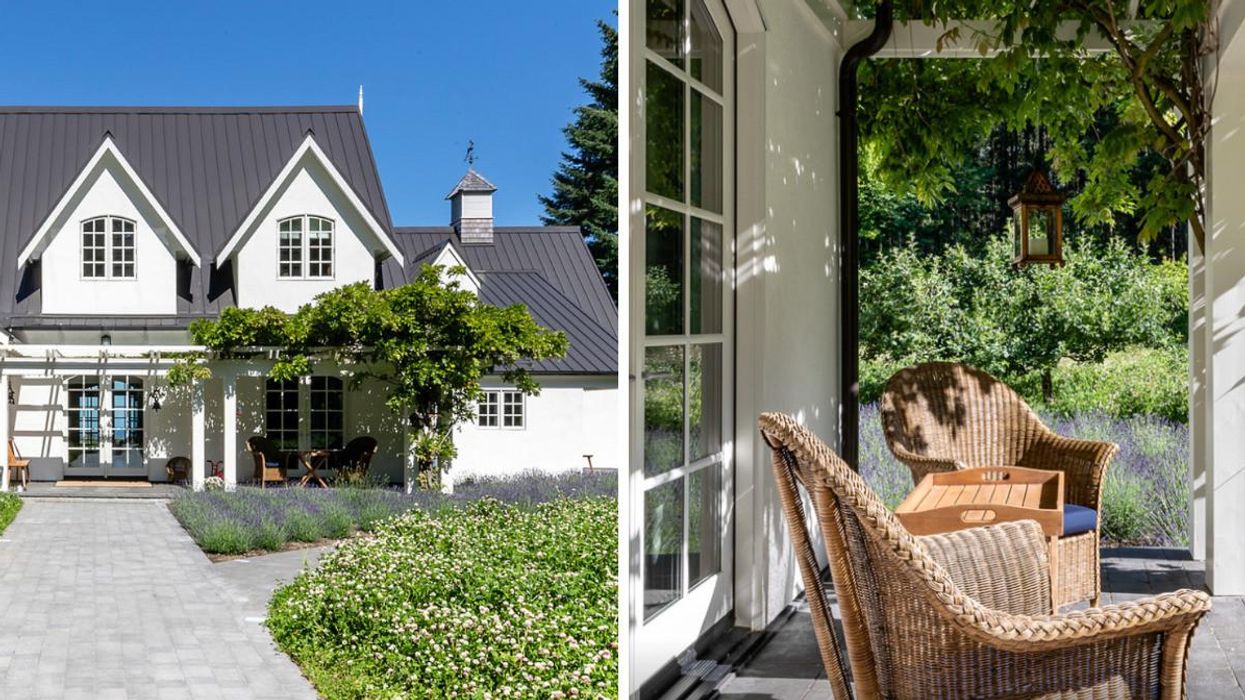 French-inspired country home. Right: Porch area overlooking lavender flowers.