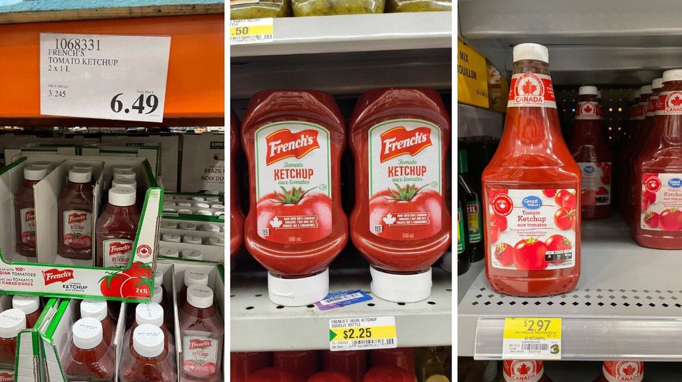 French\u2019s ketchup at Costco. Middle: French\u2019s ketchip at Dollarama. Right: Great Value ketchup at Walmart.