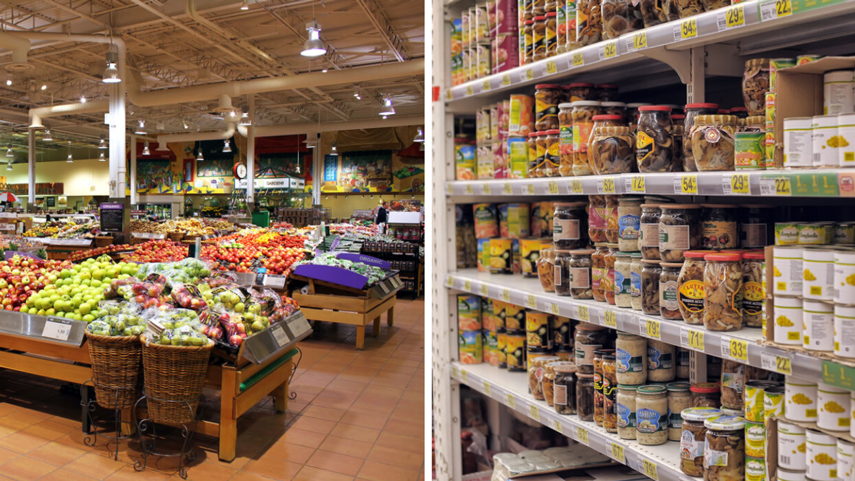Fresh fruits and vegetables in a grocery store. Right: Canned foods aisle in a store.