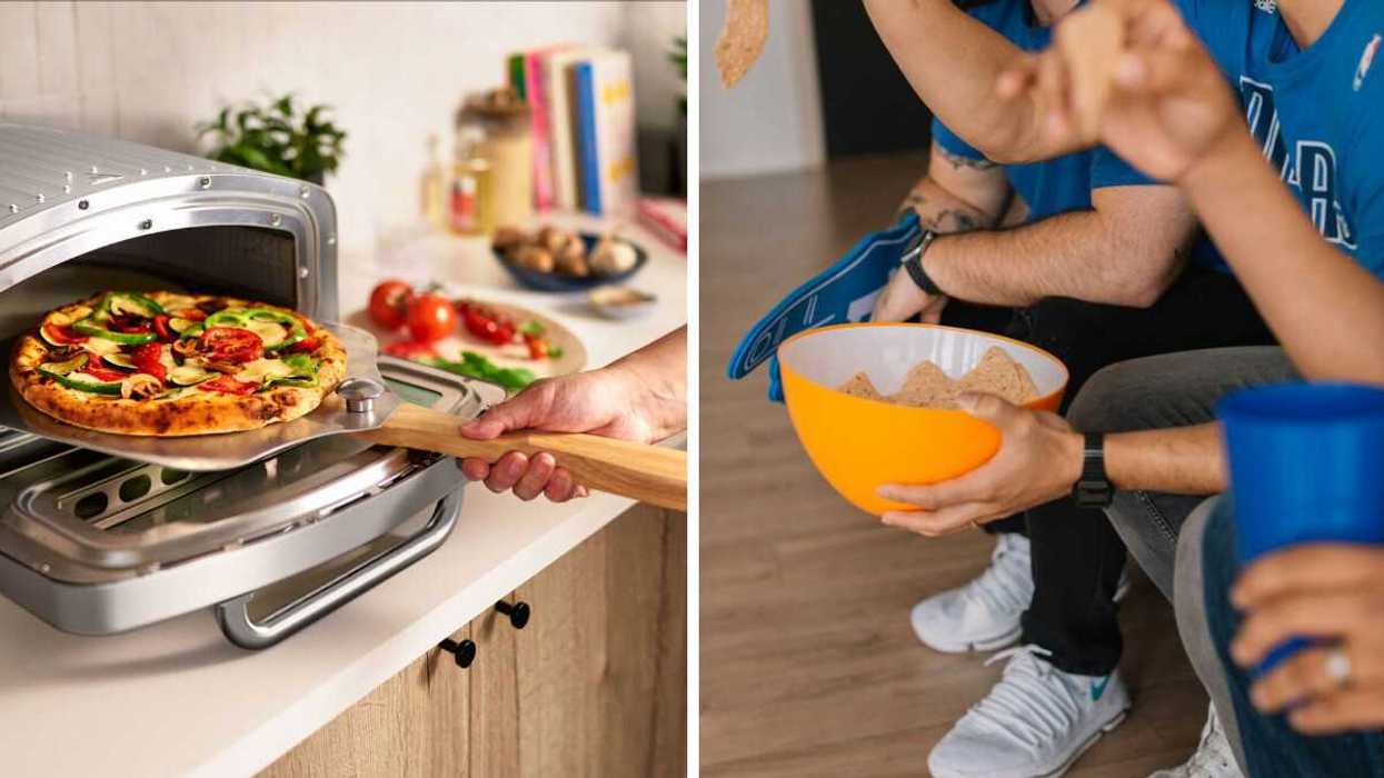 Fresh homemade pizza being removed from a countertop pizza oven in a modern kitchen. Right: Group of people holding a bowl of chips and drinks during a sports game at home.