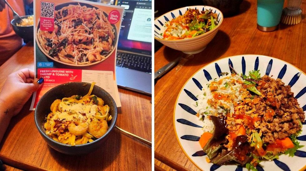 Fresh Linguine with Shrimp & Tomato Pesto with spinach. Right: Larb-Inspired Pork Salad with zesty rice.