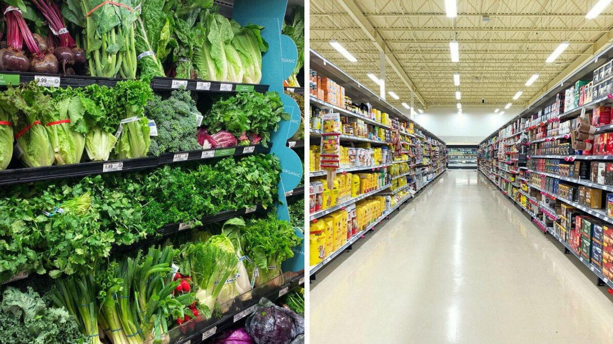Fresh produce aisle of a grocery store. Right: Inside a supermarket.