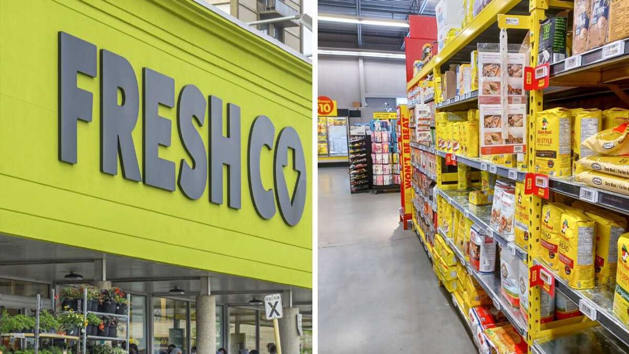 freshco sign on exterior of store. right: products on shelves in an aisle at no frills