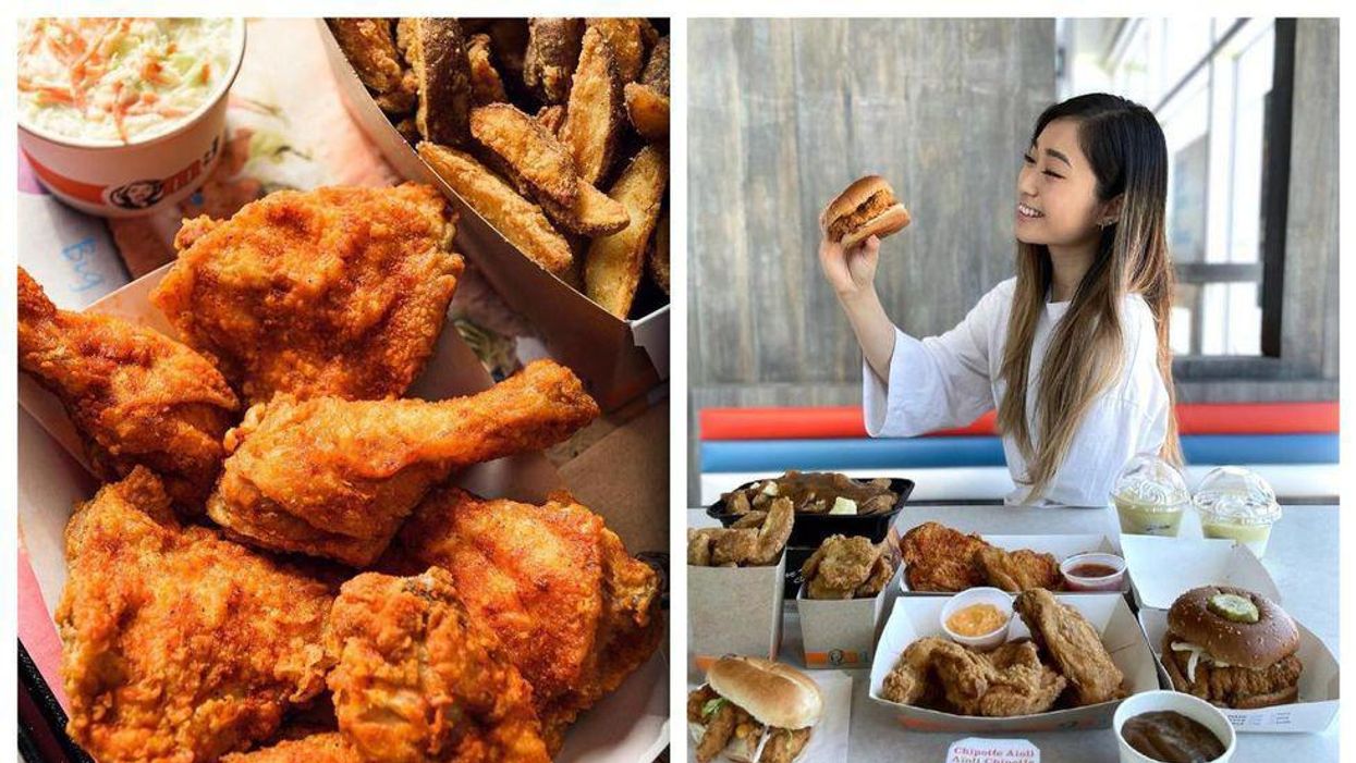 Fried chicken, fries and coleslaw. Right: A woman holds a burger in her hands, sitting at a table full of food.