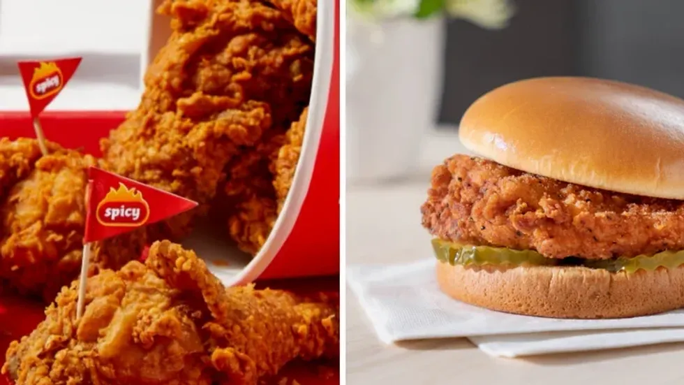 Fried chicken from Jollibee. Right: Spicy fried chicken sandwich from Chick-fil-A.