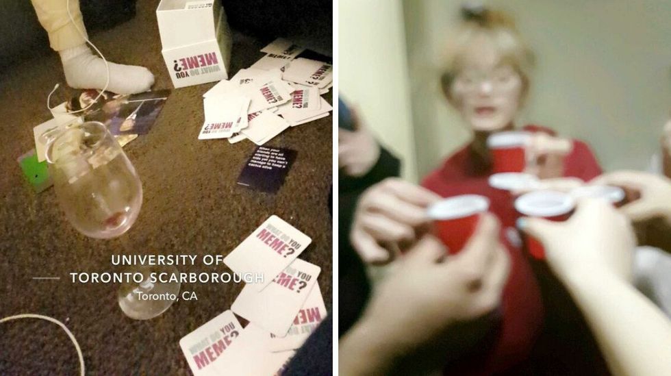 Friends having drinks and playing games.