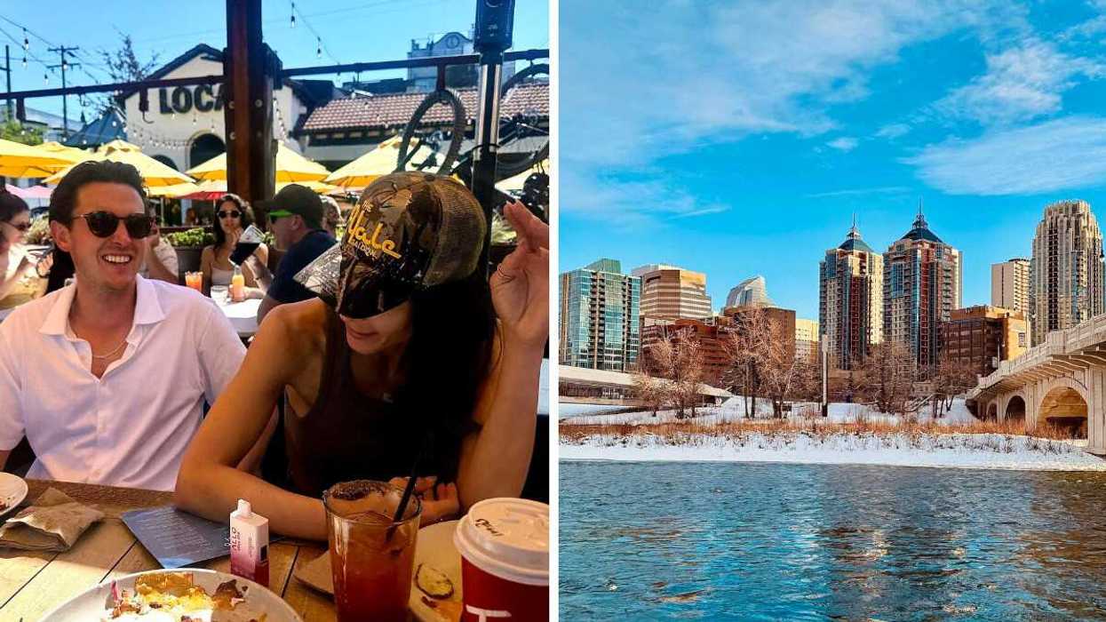 Friends sitting at an outdoor restaurant patio wearing a Yale Saloon baseball cap. Right: Calgary skyline with high-rise buildings and a bridge over the Bow River in winter.