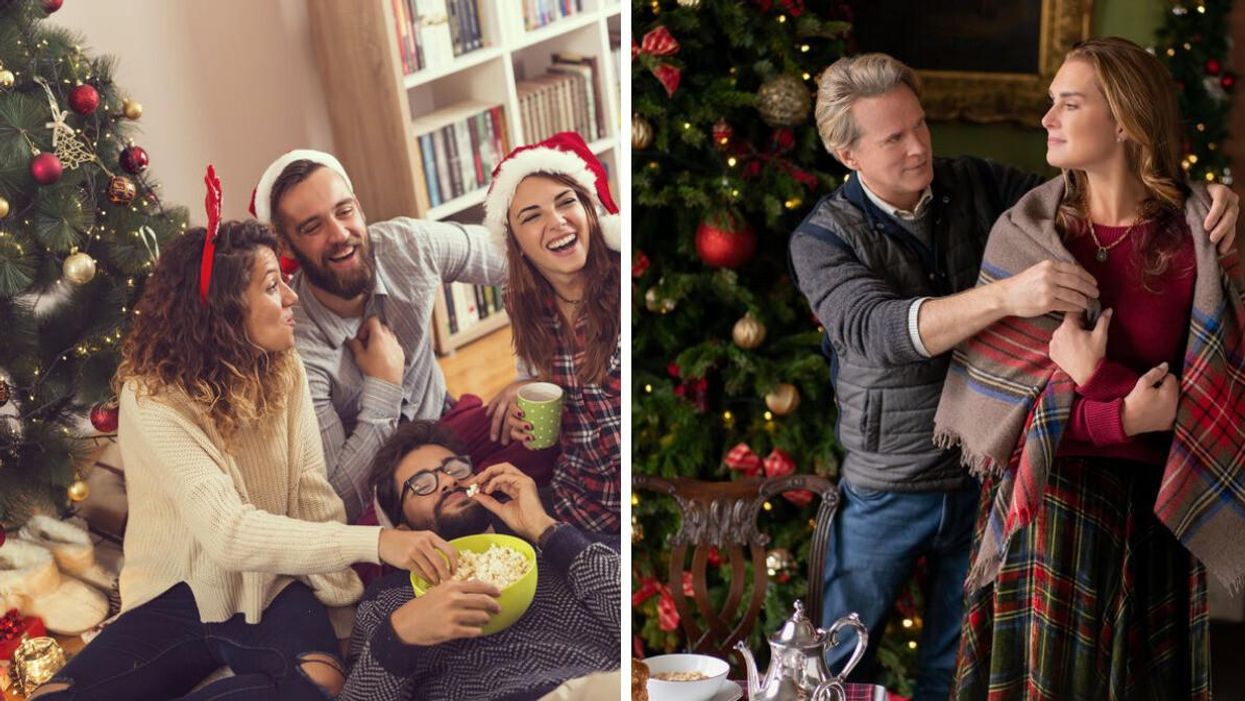 Friends watching movies near a Christmas tree. Right: Still from Netflix's 'A Castle For Christmas.'