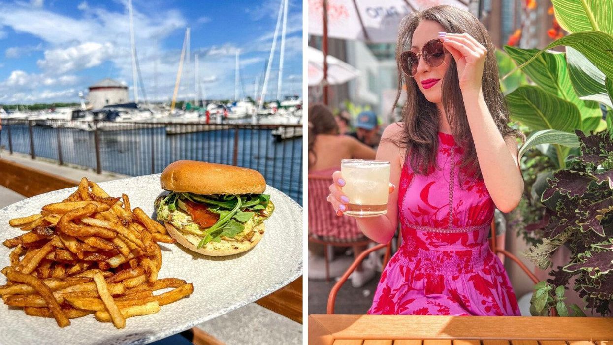 Fries and a burger. Right: Madeline in a pink dress holding a drink.