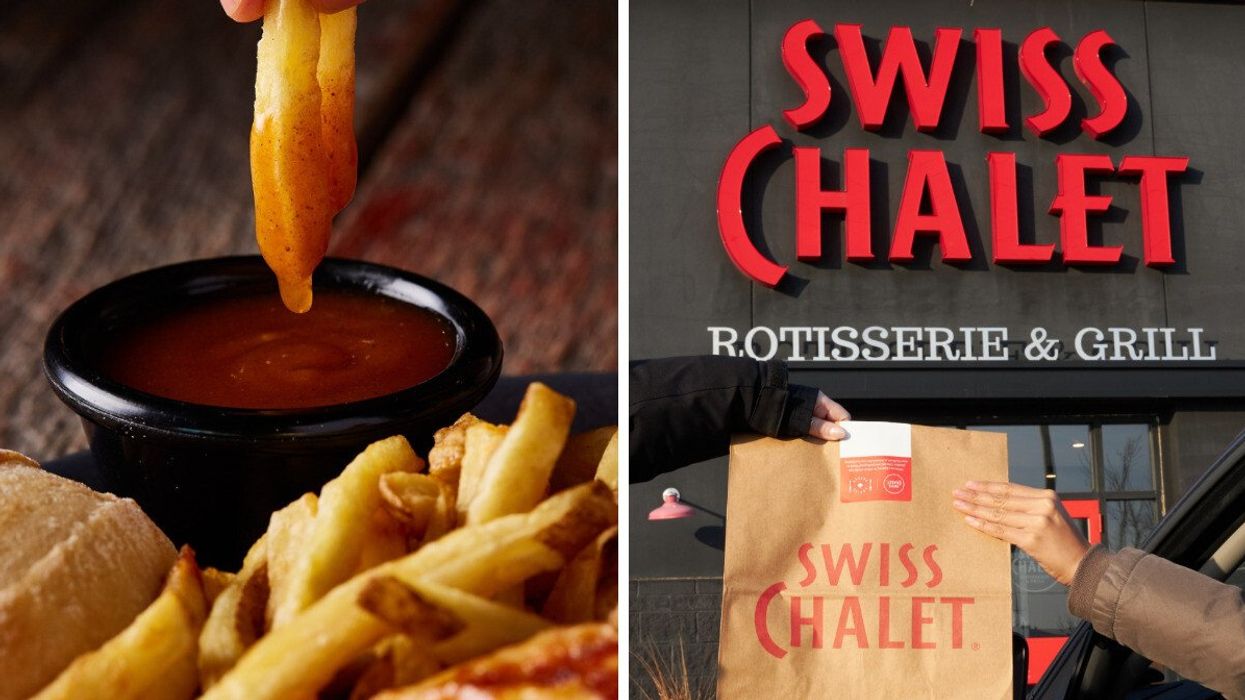 Fries being dunked in chalet sauce. Right: A Swiss Chalet to-go bag being handed to someone.