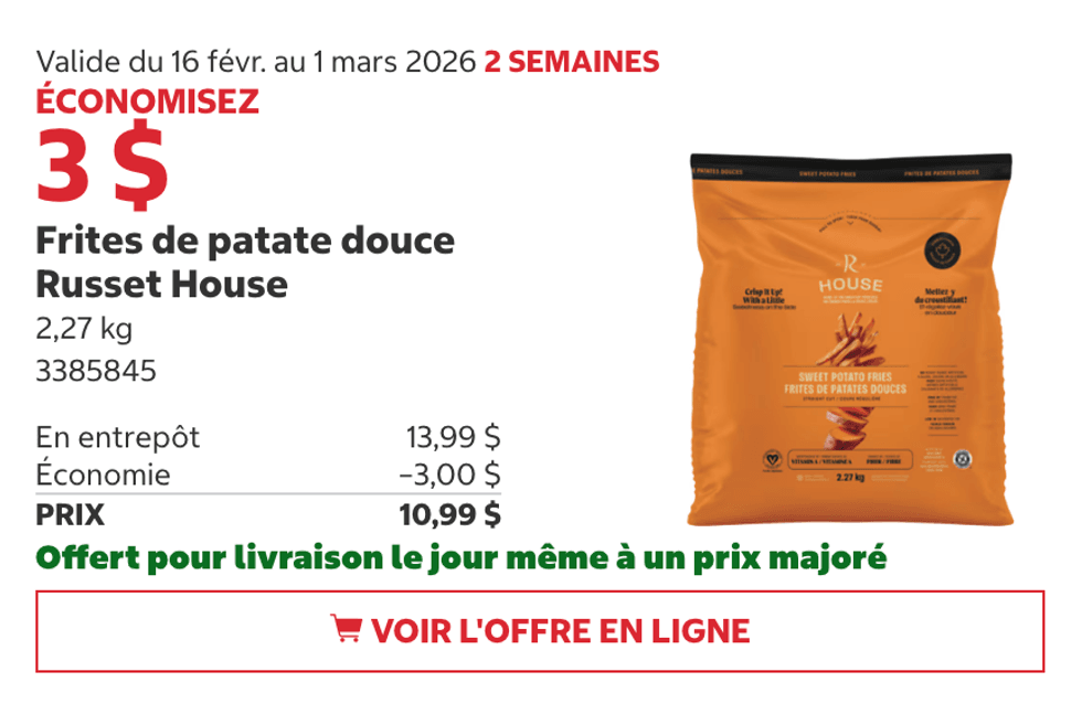 Frites de patate douce Russet House 2,27 kg sur le site de Costco