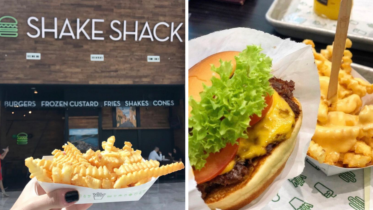Frites et façade Shake Shack. Droite : Burger et frites.