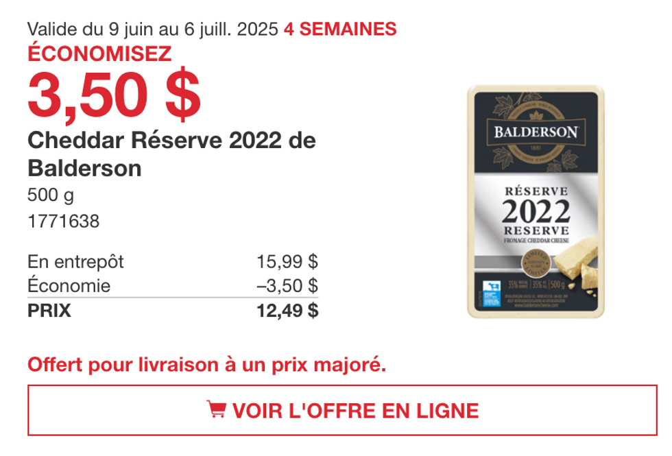 Fromage Balderson en rabais dans la circulaire du Costco jusqu'au 6 juillet 2025.