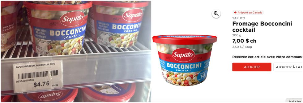 Fromage Bocconcini cocktail Saputo dans le r\u00e9frig\u00e9rateur du Liquidation Marie. Droite : Fromage Bocconcini cocktail Saputo sur le site du Maxi.