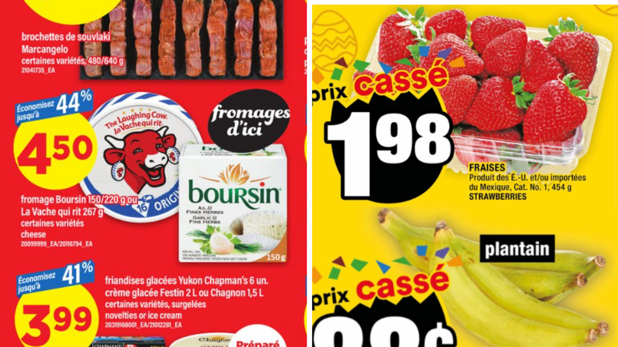 Fromage Boursin et La Vache qui rit dans la circulaire du Maxi. Droite : Les fraises dans la circulaire du Super C.