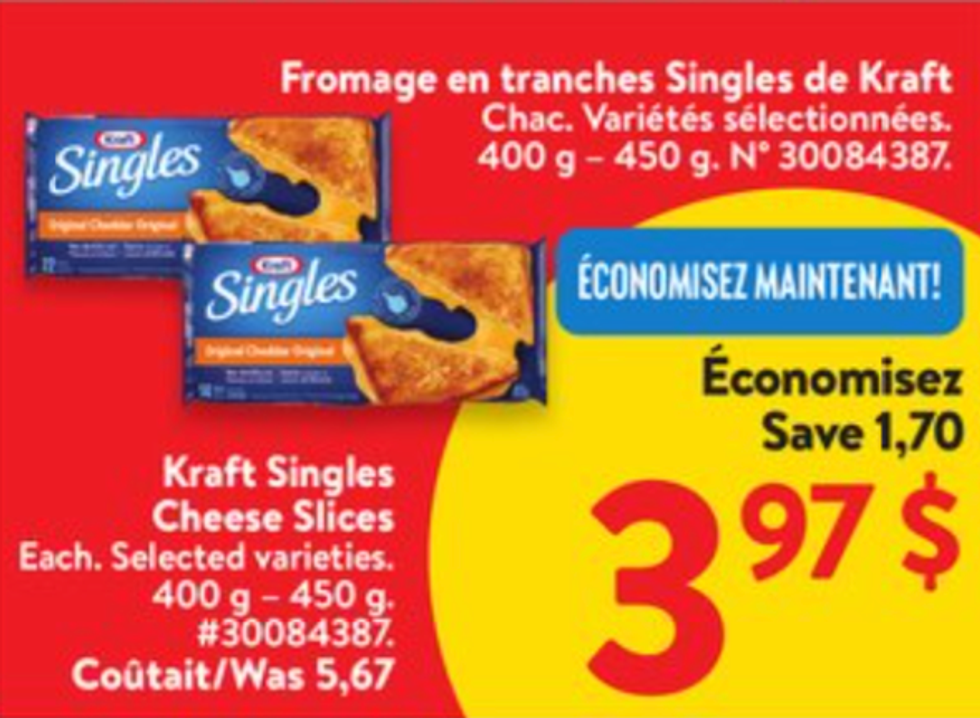 Fromage en tranches Singles de Kraft en rabais dans la circulaire du Walmart.