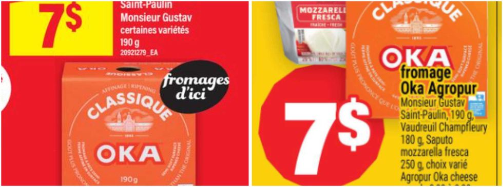 Fromage Oka en rabais au Maxi. Droite : Fromage Oka en rabais au Super C.
