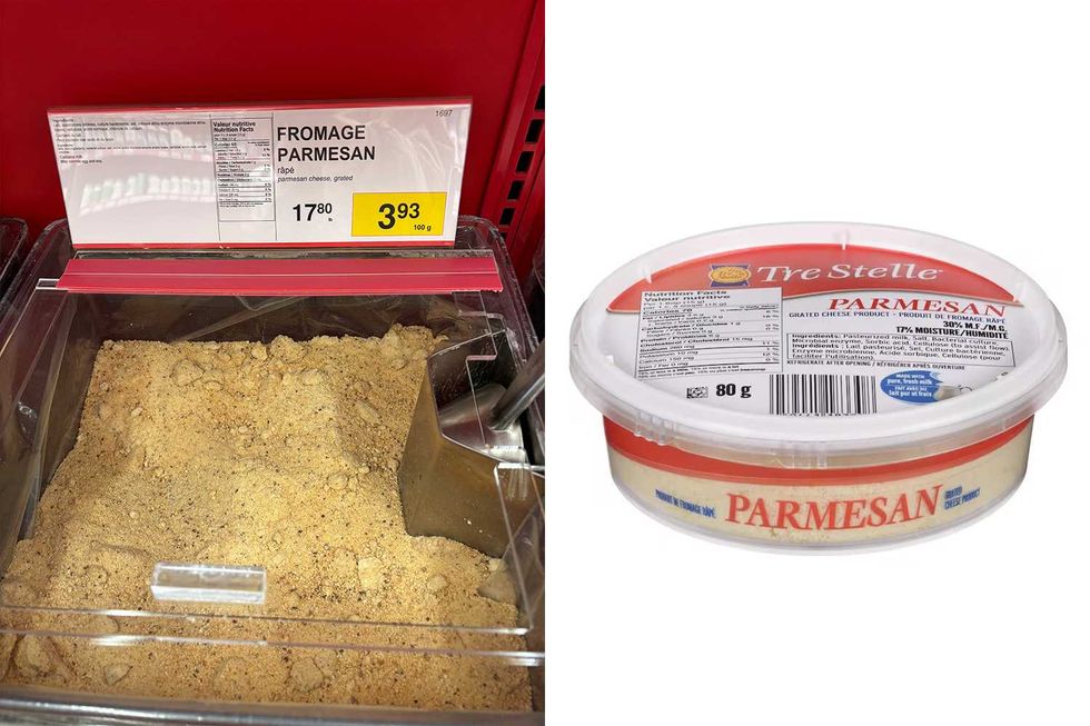 Fromage parmesan vendu en vrac chez Bulk Barn. Droite : Fromage parmesan vendu chez Maxi.